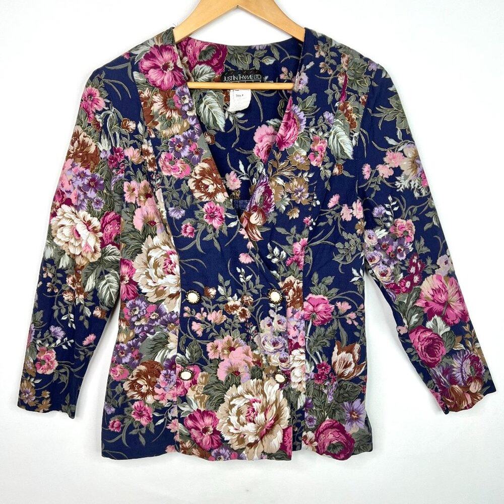 Vintage Just In Thyme LTD Blue Floral Double Breasted Blazer Small
